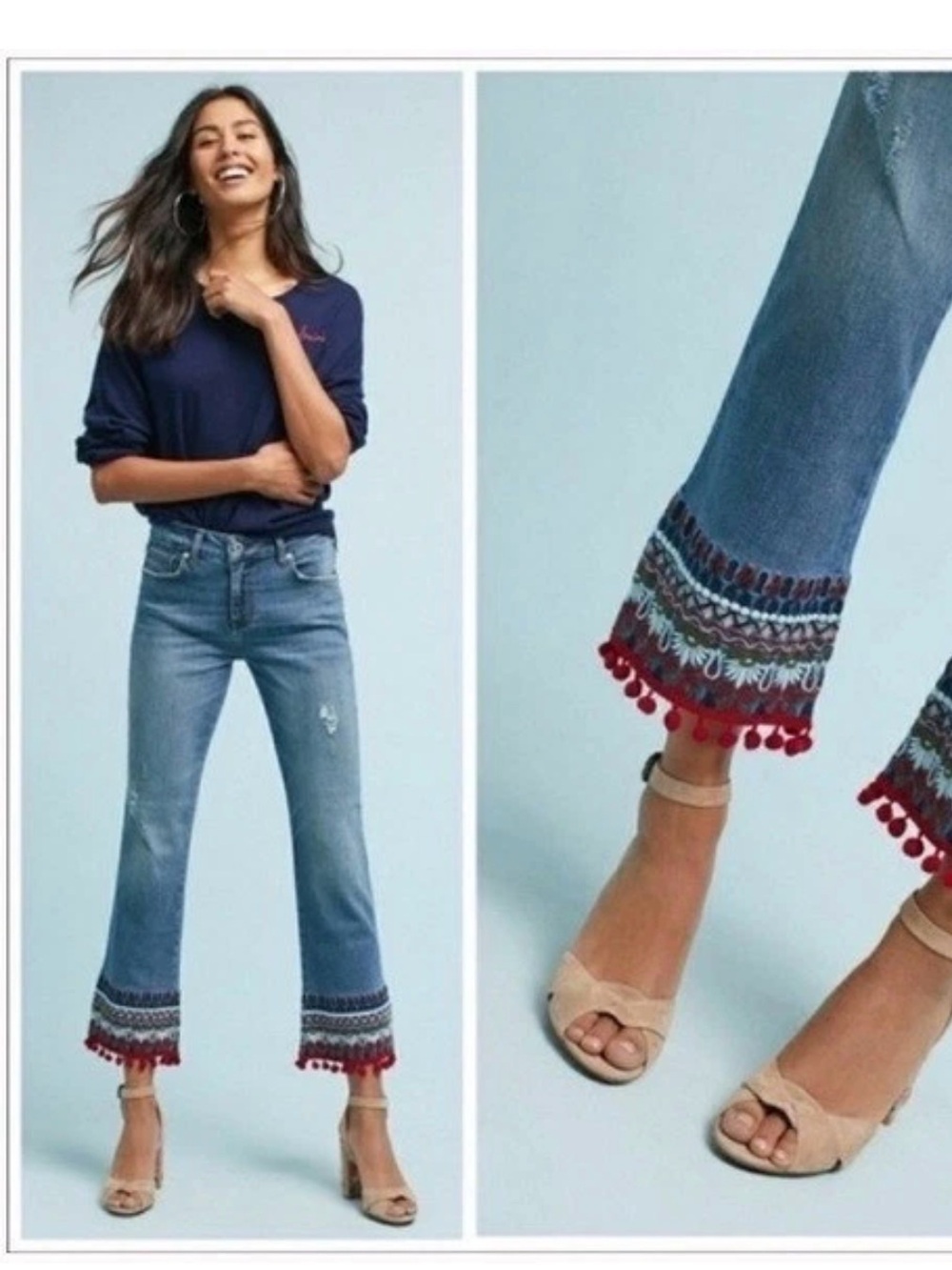 Anthropologie Pilcro Mid Wash Embroidered Cropped Jeans
